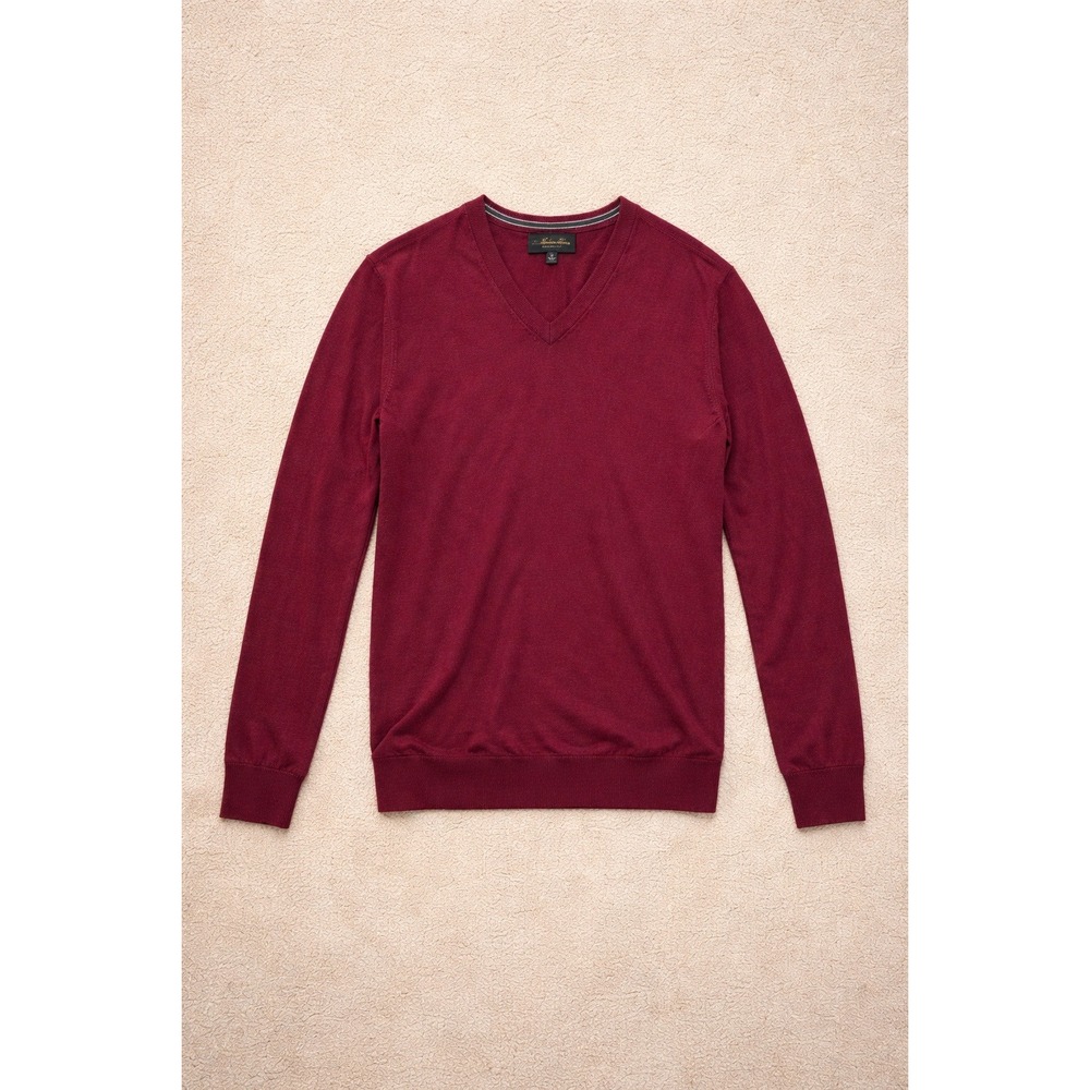Brooks Brothers Men's Burgundy 100% Merino Wool V-Neck Sweater Italian Yarn- M